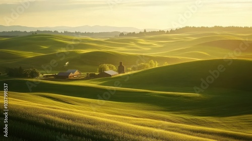 Sunlit rolling hills with green grain fields and farm buildings- palouse, washington, united states of america 