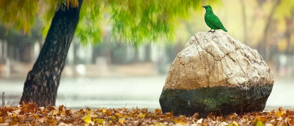 A green bird perches atop a rock, nestled amidst a leaf-dense expanse beside a tree A green bird perches atop a rock, nestled amidst a leaf-dense expanse beside a tree