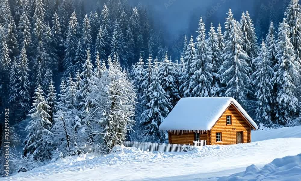 A small wooden cabin nestled in a snowy forest with tall pine trees covered in snow. A small wooden cabin nestled in a snowy forest with tall pine trees covered in snow.