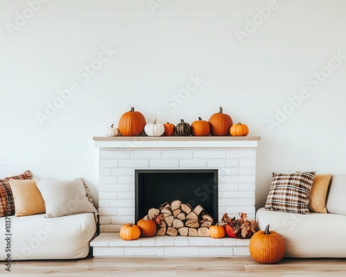 A cozy, autumn-themed living room featuring a fireplace adorned with pumpkins and a stack of firewood, complemented by comfortable sofas and decorative pillows.