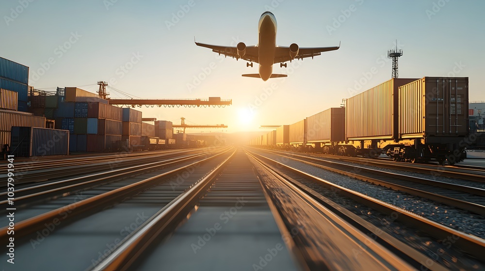 Aerial view of cargo train station at sunset with airplane taking off