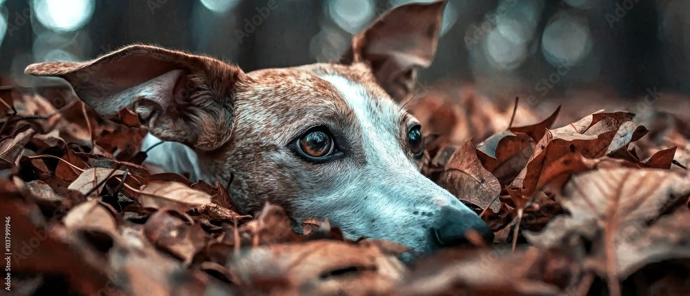  A tight shot of a dog reclining in a mound of leaves, its head tilted to one side