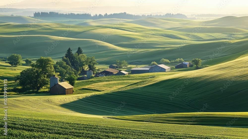 Obraz premium Sunlit rolling hills with green grain fields and farm buildings- palouse, washington, united states of america