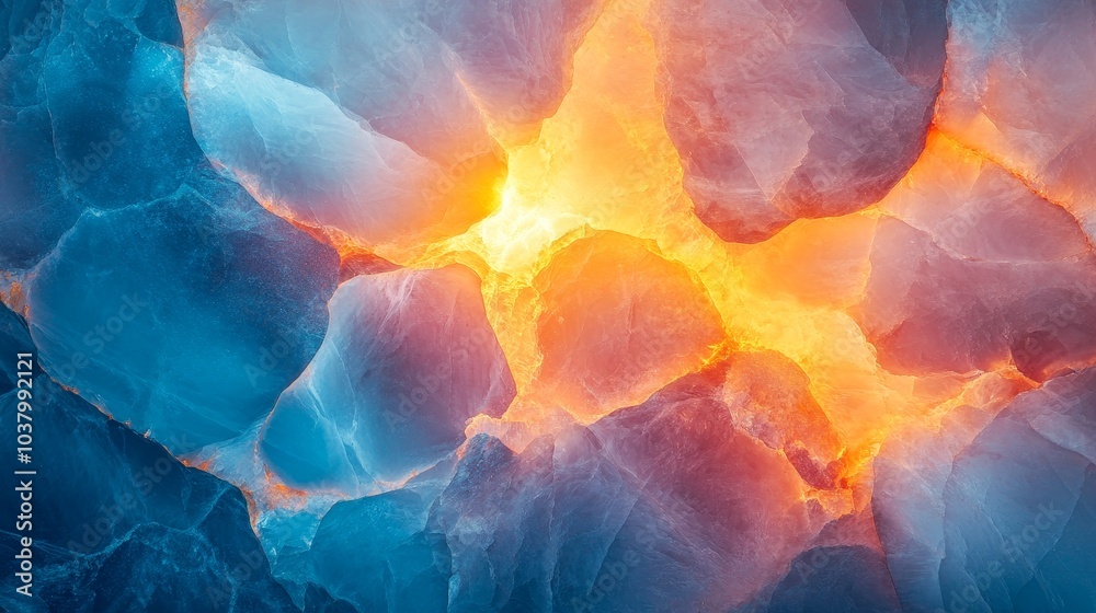 Fototapeta premium Abstract image of glowing orange and blue textures resembling molten rock and ice formations.