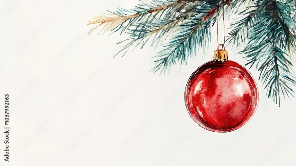 Watercolor of Christmas tree branches with red balls, isolated on white background, border,Christmas composition,Spruce branches with New Year decorations,fairy lights and red baubles,copy space. Watercolor of Christmas tree branches with red balls, isolated on white background, border,Christmas composition,Spruce branches with New Year decorations,fairy lights and red baubles,copy space.