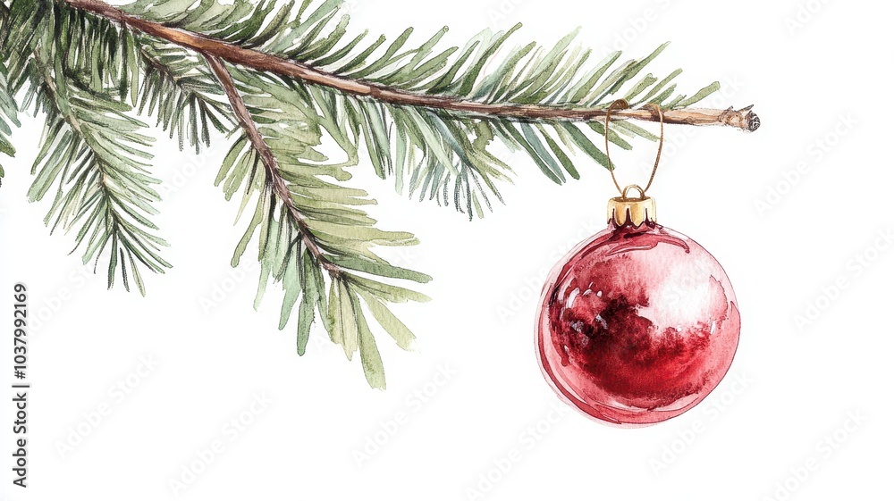 Watercolor of Christmas tree branches with red balls, isolated on white background, border,Christmas composition,Spruce branches with New Year decorations,fairy lights and red baubles,copy space. Watercolor of Christmas tree branches with red balls, isolated on white background, border,Christmas composition,Spruce branches with New Year decorations,fairy lights and red baubles,copy space.
