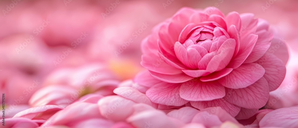 A tight shot of a single pink bloom amidst a bed of similar flowers, surrounded by a softly blurred backdrop of pink petals A tight shot of a single pink bloom amidst a bed of similar flowers, surrounded by a softly blurred backdrop of pink petals
