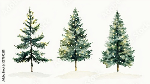 Collection of Christmas tree drawn with a brush on a white isolated background,greeting season and gift in christmas day,winter season,New Year decorations,fairy lights,copy space.