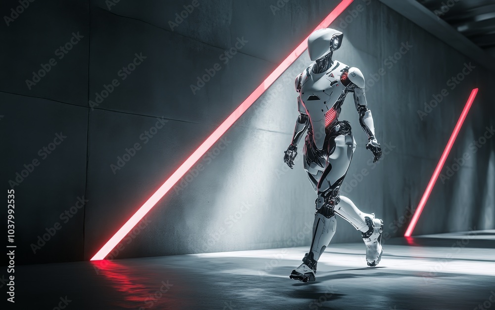 A futuristic robot walking in a dimly lit corridor with neon accents. A futuristic robot walking in a dimly lit corridor with neon accents.