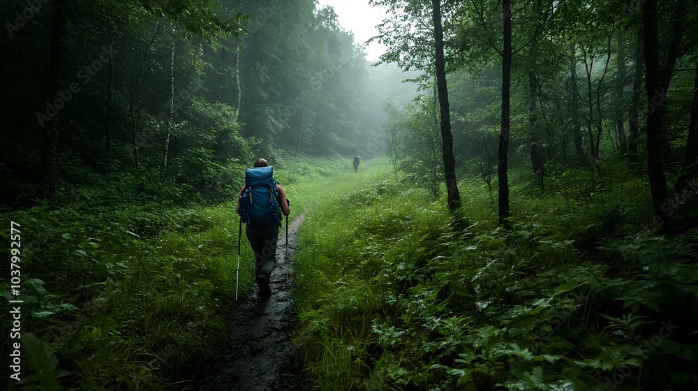 Misty Forest Trail Leading Through Lush Green Wilderness Misty Forest Trail Leading Through Lush Green Wilderness