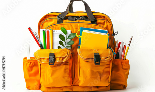 Vibrant Orange School Backpack with Notebooks, Pens, and Stationery on a White Background - Back to School Concept photo