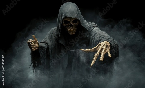 Dark Reaper with Skeleton Hand in Misty Grey Background - Cinematic Hyperrealistic Photography photo