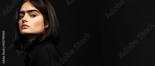  A close-up of a person in a black shirt against a solid black background Separately, there's a white image of a woman against a black background