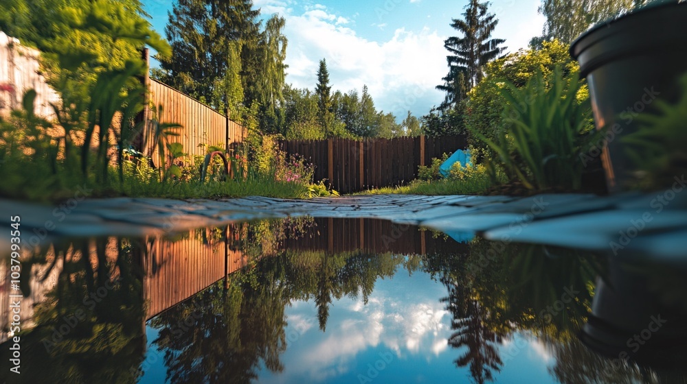 Fototapeta premium Backyard with standing water reflecting the surrounding trees and sky, capturing the serene beauty of nature's reflection and the tranquility of a still moment.