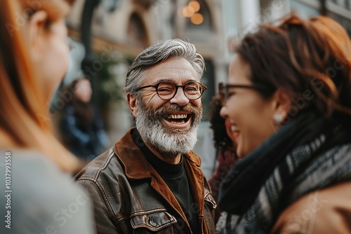 Smiling mature man in eyeglasses talking to his friends on the street