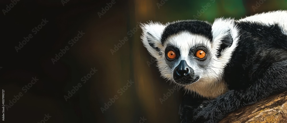 Fototapeta premium Black and white animal with orange eyes on tree branch Background softly blurred