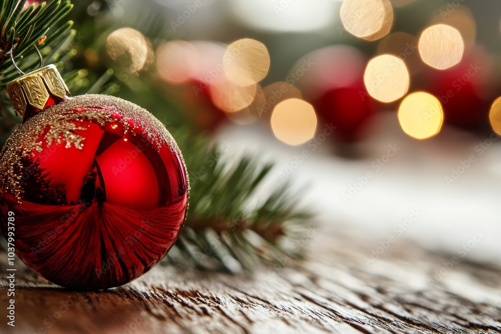 Obraz premium A red ornament atop a wooden table, near a Christmas tree adorned with lights