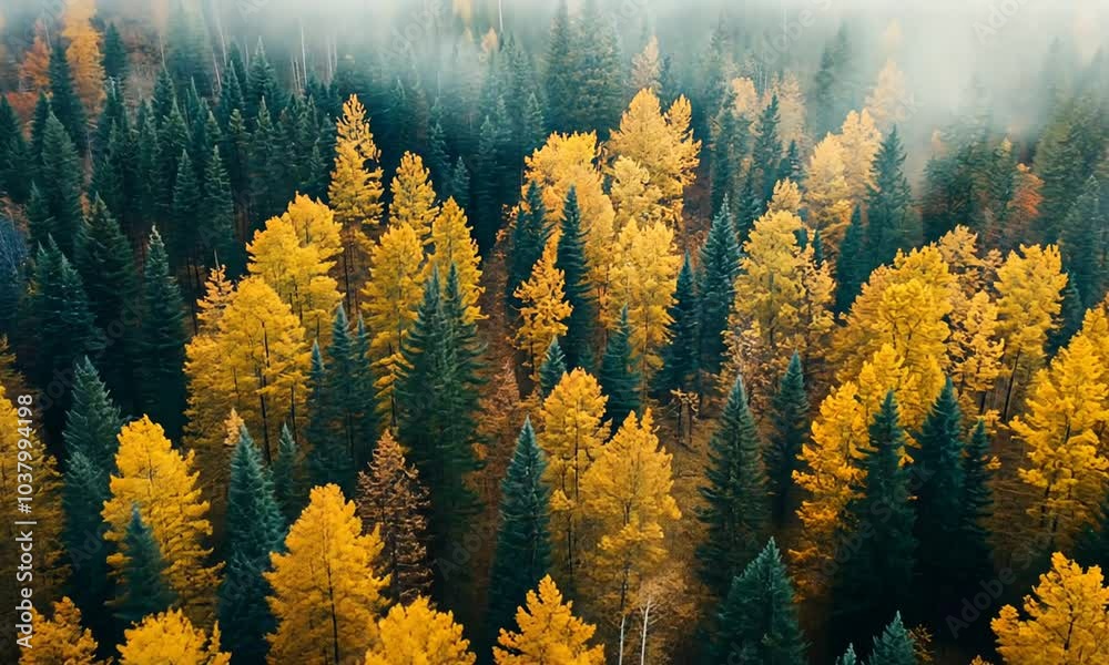 Aerial view of a forest with yellow and green trees.