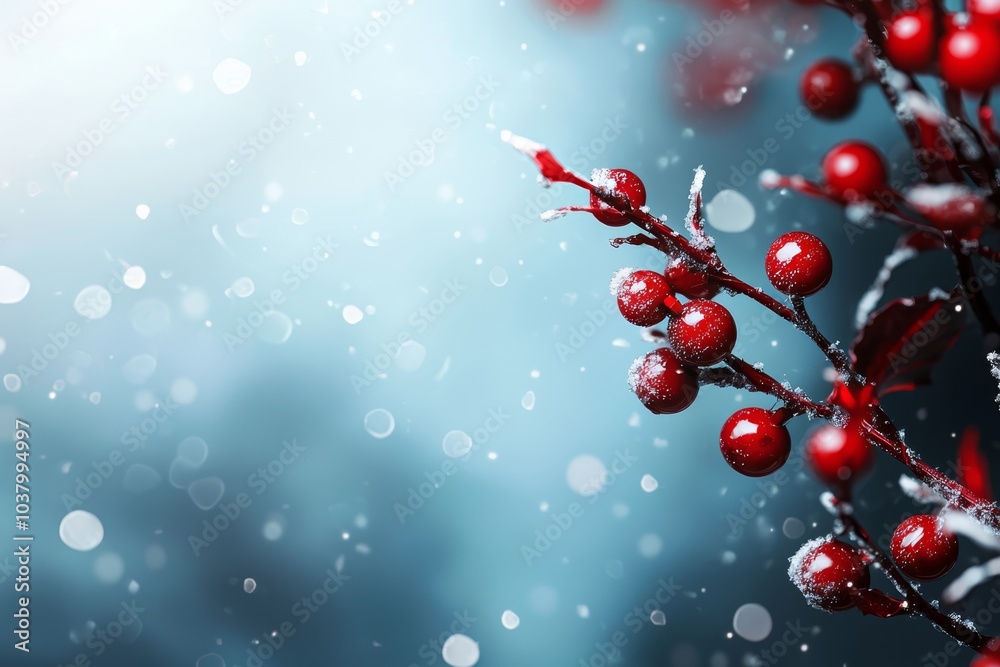 A red-berried branch with snowfall, branches obscured, hazy sky backdrop A red-berried branch with snowfall, branches obscured, hazy sky backdrop