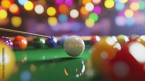 A snooker cue striking the white ball, causing the colorful balls to scatter across the table. photo