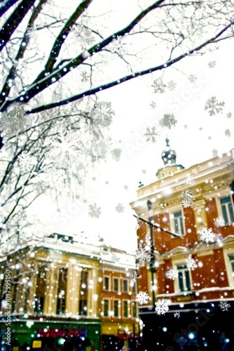  A building shrouded in snowfall, tree in foreground dusted with flakes, ground blanketed by snowflakes