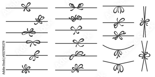 Ribbon bow for gift and present box. Simple hand drawn string with knot. Outline thin rope for package design. Minimal sketch vector elements for decoration on white background