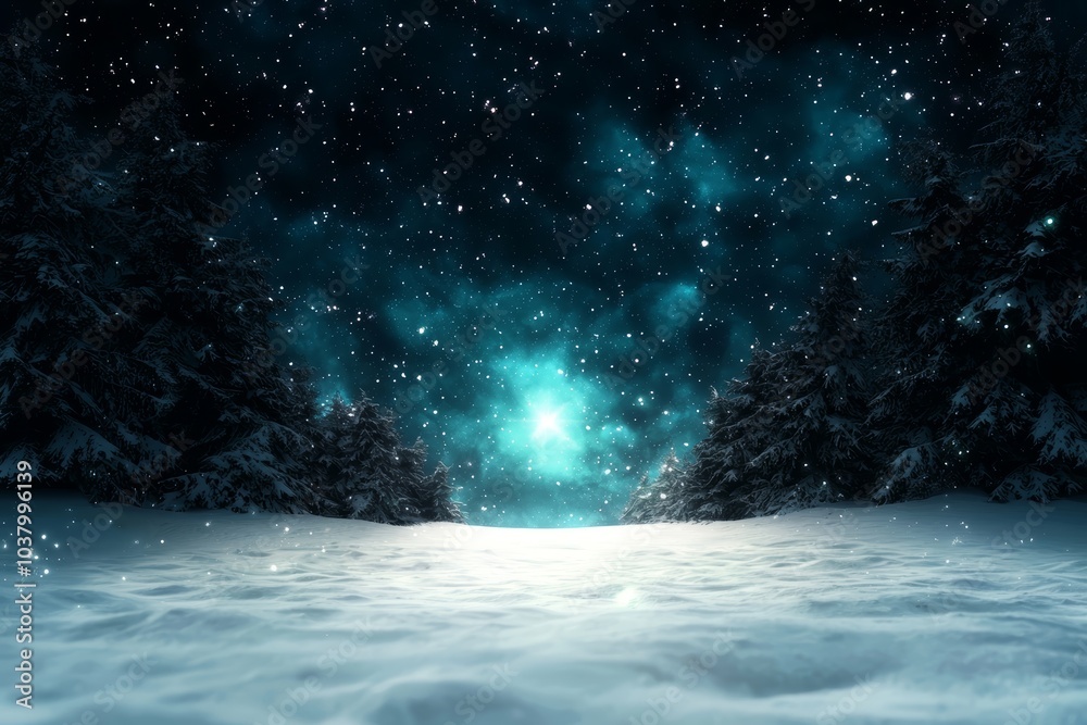 snow-covered trees against a star-filled sky; a bright blue light glows in the midnight darkness