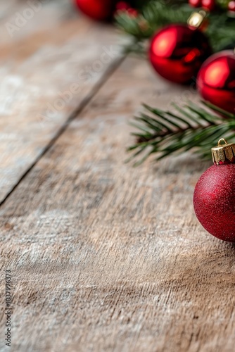  A red ornament atop a wooden table, beside a pine branch and cone