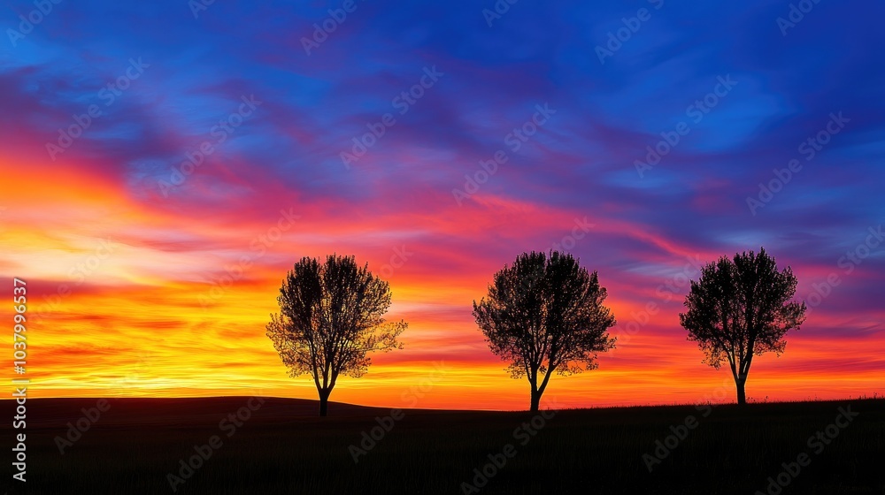 Tranquil Sunset with Silhouetted Trees Tranquil Sunset with Silhouetted Trees