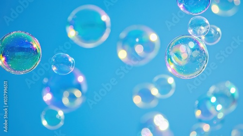 Close-up of colorful soap bubbles floating against a clear blue sky