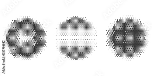 Circles with bitmap pixel effect. Round shapes with arcade game pattern texture. Y2k halftone vector texture with glow dither fade. Aesthetic gradient set with glitch abstract grain
