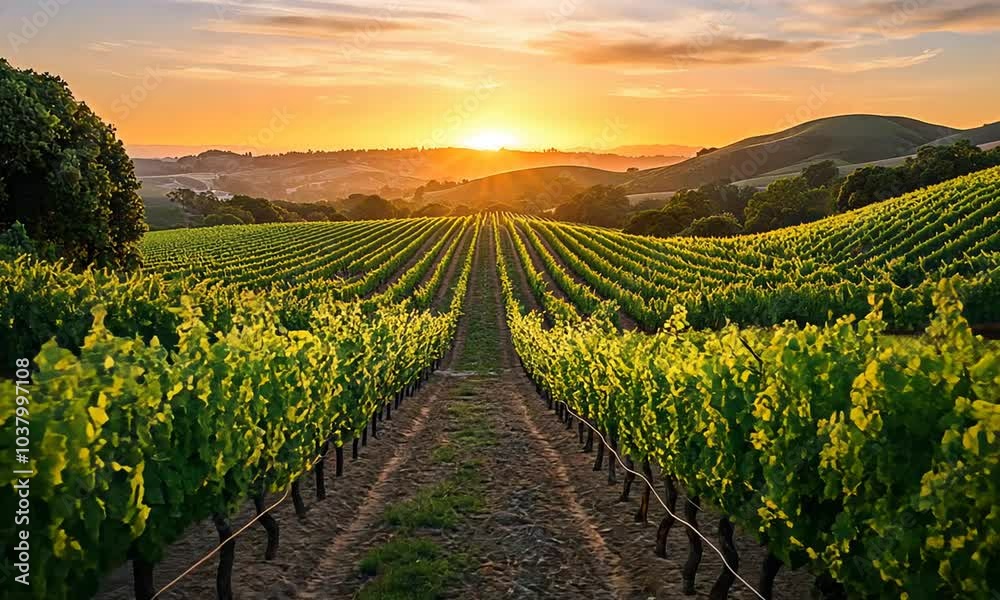 Vineyard rows at sunset with a golden sky and green hills. Vineyard rows at sunset with a golden sky and green hills.