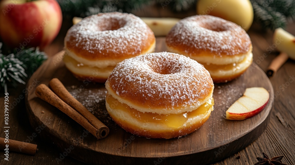Cinnamon donut filled with apple jam, isolated on a wooden board with cinnamon sticks and apple slices Cinnamon donut filled with apple jam, isolated on a wooden board with cinnamon sticks and apple slices