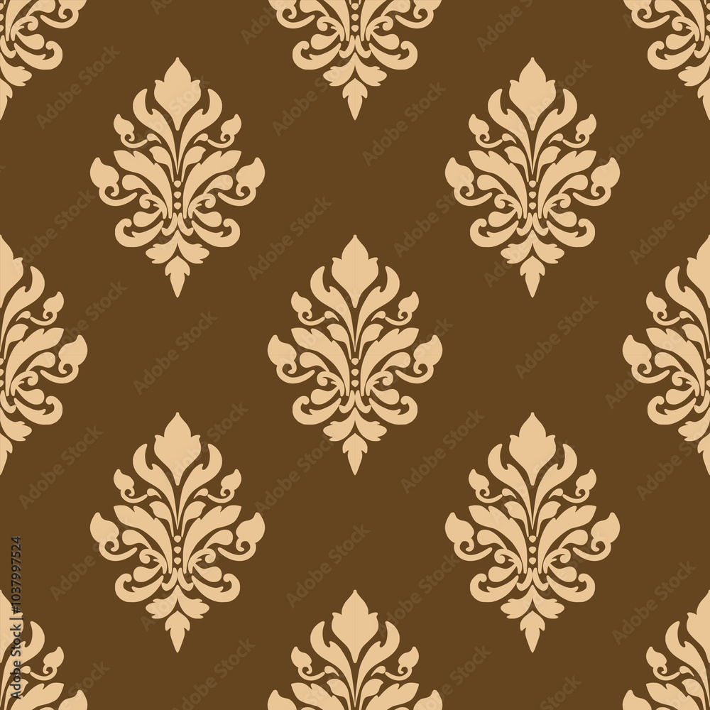 Gold Elegant Ornamental Damask Pattern with Floral Motifs on Brown Background,.Vector Illustration for Elegant Textile design for wrapping,dress, silk, scarf, background, textile, carpet. Gold Elegant Ornamental Damask Pattern with Floral Motifs on Brown Background,.Vector Illustration for Elegant Textile design for wrapping,dress, silk, scarf, background, textile, carpet.