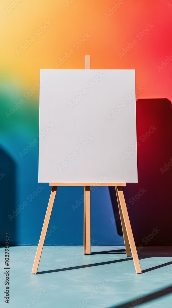 Blank Canvas on Easel with Rainbow Background: A white canvas on an easel stands ready for inspiration, bathed in vibrant colors of a rainbow background. The blank canvas symbolizes potential. Blank Canvas on Easel with Rainbow Background: A white canvas on an easel stands ready for inspiration, bathed in vibrant colors of a rainbow background. The blank canvas symbolizes potential.