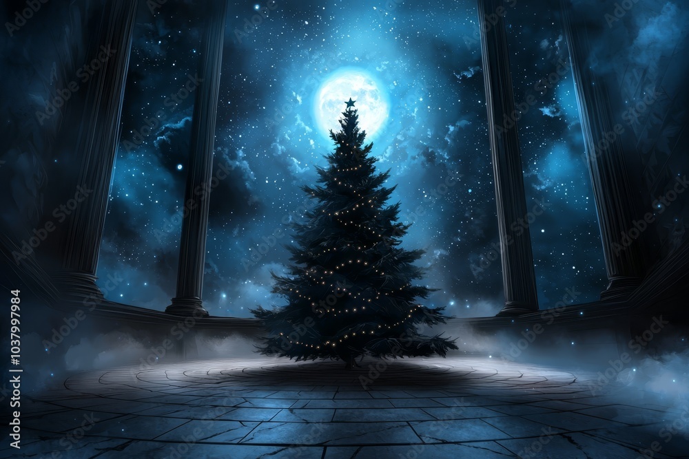 Fototapeta premium A Christmas tree stands centrally in a room with columns Above, a star-filled sky houses a full moon