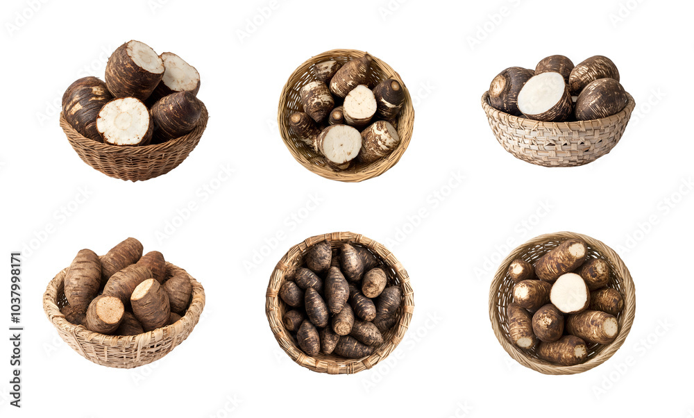 Taro roots in a wicker basket isolated on a transparent background