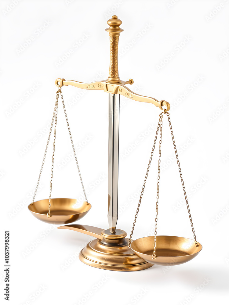 A brass balance scale with a sword in the middle with white background. Generative AI A brass balance scale with a sword in the middle with white background. Generative AI
