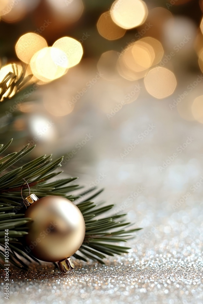 ornaments dangle from its needles, lit by Christmas lights in the backdrop
