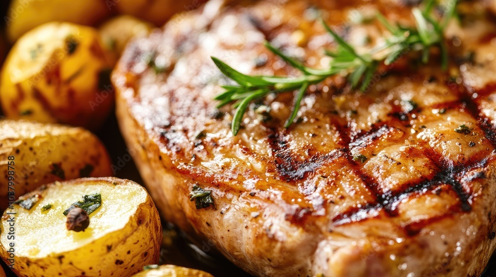 Grilled Steak and Roasted Potatoes on Plate Grilled Steak and Roasted Potatoes on Plate