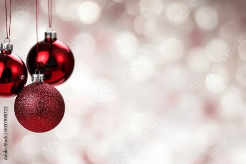  Three red ornaments dangle from a string against a white and pink backdrop of blurred holiday lights photo