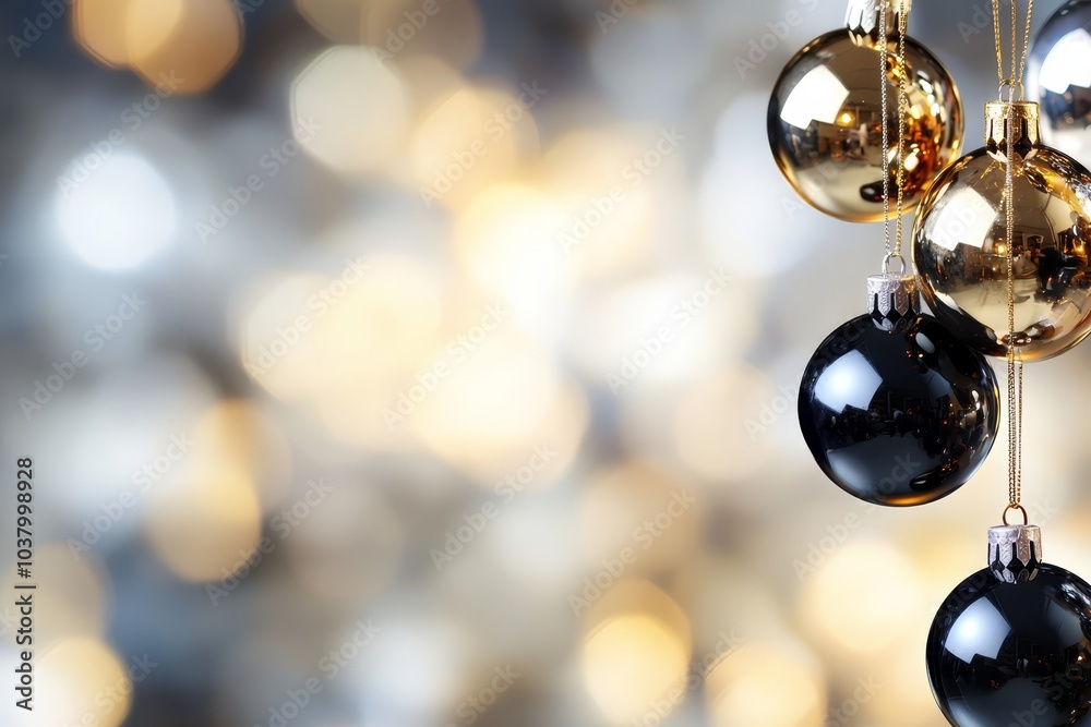 A gold and black Christmas ornament dangles from a string, adjacent to a gold and silver one A gold and black Christmas ornament dangles from a string, adjacent to a gold and silver one