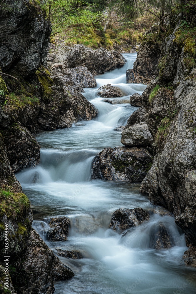 A stream winds through a verdant forest, teeming with numerous rocks and moss-covered trees on its banks A stream winds through a verdant forest, teeming with numerous rocks and moss-covered trees on its banks