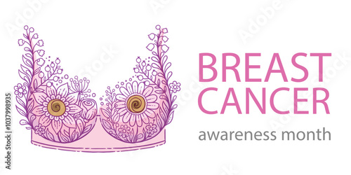 Hand drawn vector illustration. Floral lace bra and text breast cancer awareness month. Banner background, medical symbol in October