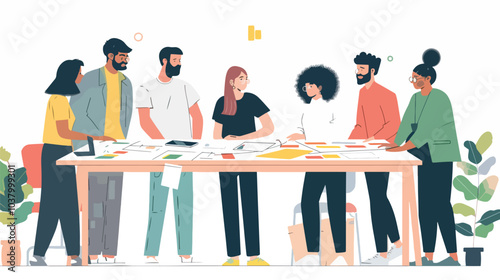 A group of diverse professionals brainstorming around a table covered with sketches and prototypes, representing collaborative innovation, innovation