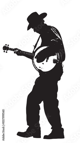 A man playing Banjo silhouette isolated on white background