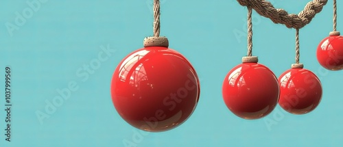  Red Christmas balls suspended from a rope against a blue backdrop with a sky above, shades of blue prevailing photo