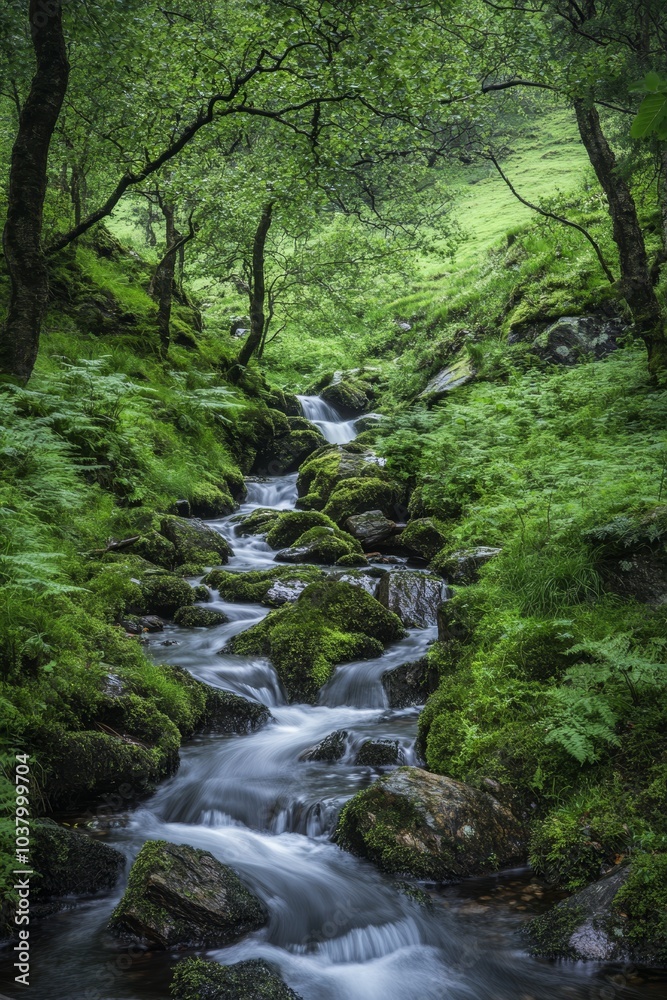 A stream winds through a verdant forest, teeming with lush moss-covered rocks and trees, adjacent to a green hillside A stream winds through a verdant forest, teeming with lush moss-covered rocks and trees, adjacent to a green hillside