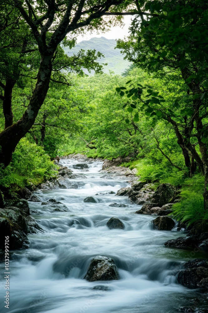A stream winds through a verdant forest, teeming with numerous trees and boulders along its banks A stream winds through a verdant forest, teeming with numerous trees and boulders along its banks