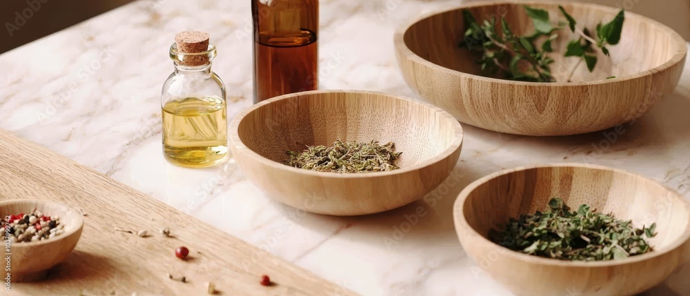 Three wooden bowls, each filled with herbs, line up next to a single bottle of olive oil on a marble counter Three wooden bowls, each filled with herbs, line up next to a single bottle of olive oil on a marble counter
